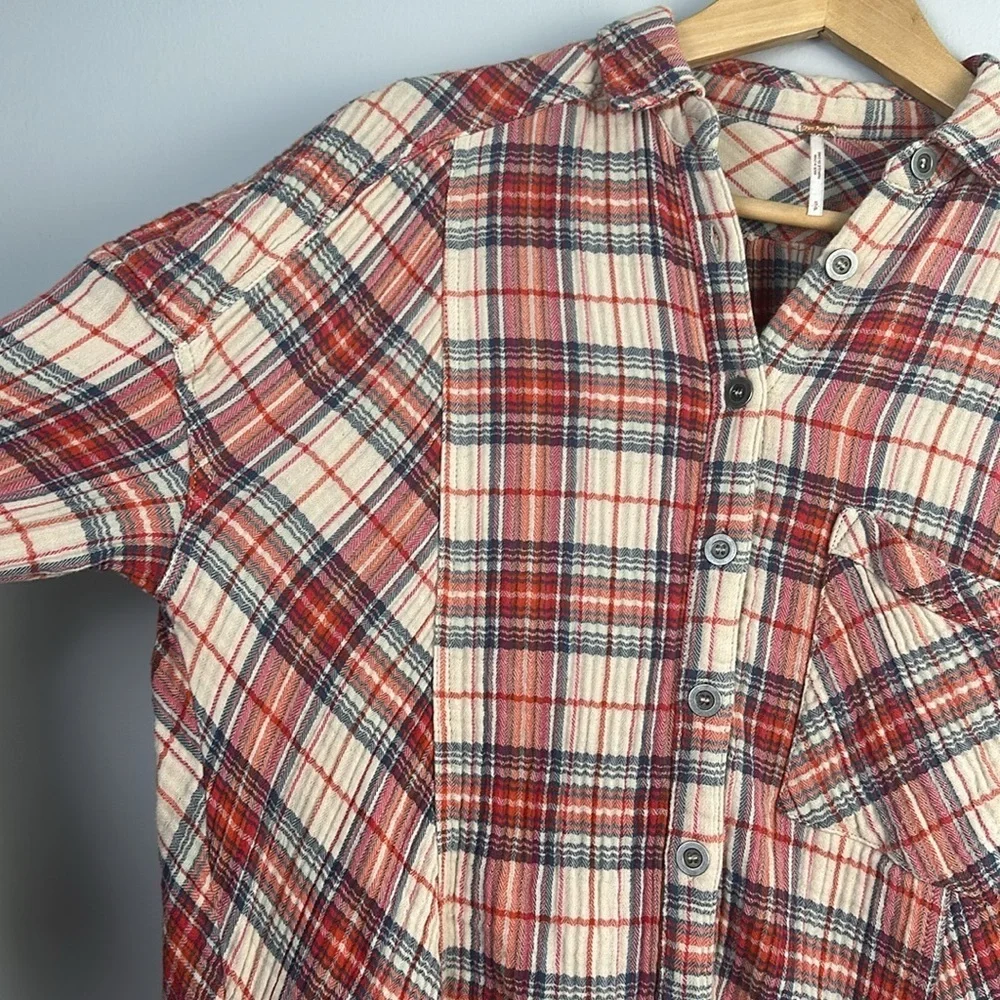 Free People Juniper Ridge Plaid Cotton Shirt Shacket Small Raw Hem Relaxed Fit
